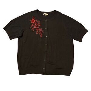 Woman Within Short Sleeve Rockabilly Cardigan Black Red Floral Embroidery 1X